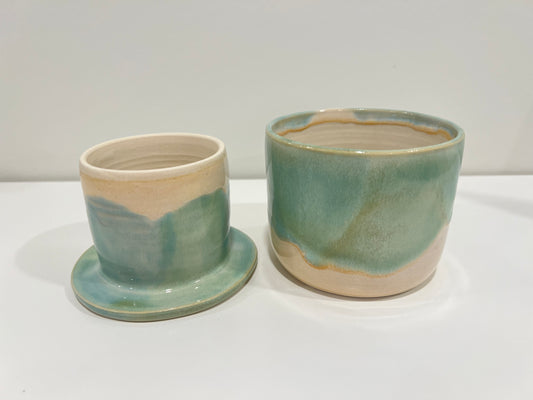 French Butter Dish - Green and Cream