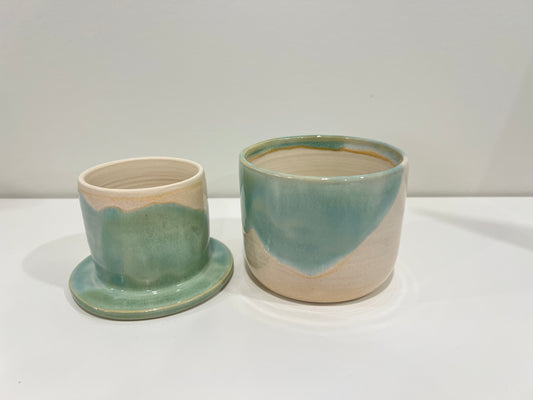 French Butter Dish - Green and Cream